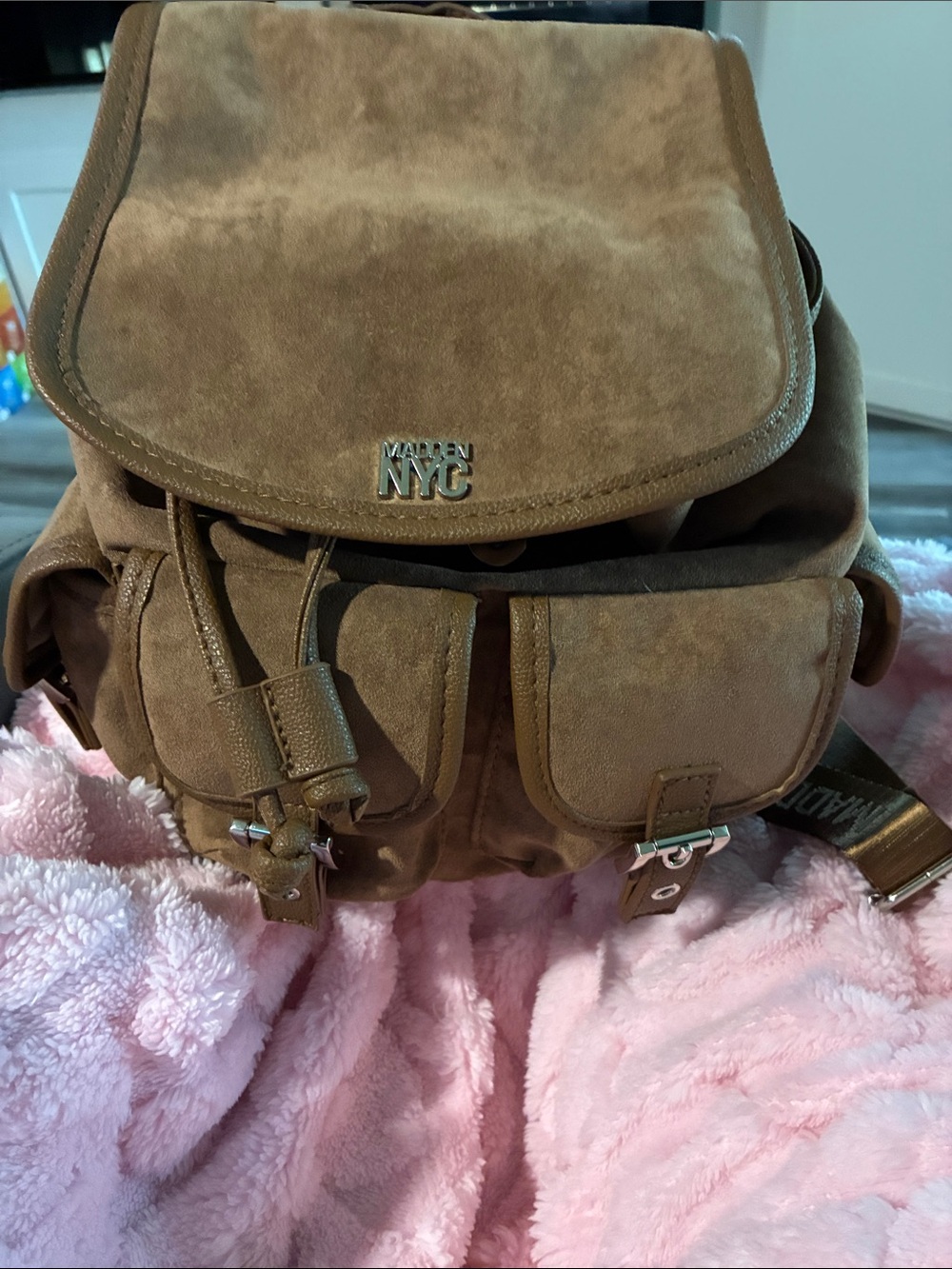 Suede Drawstring Backpack - Brown